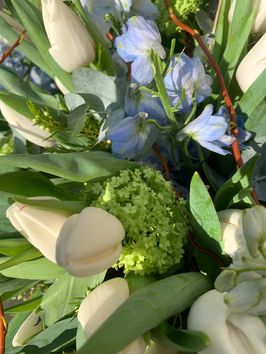 Lente grafstuk witte tulpen en blauwe delphinium