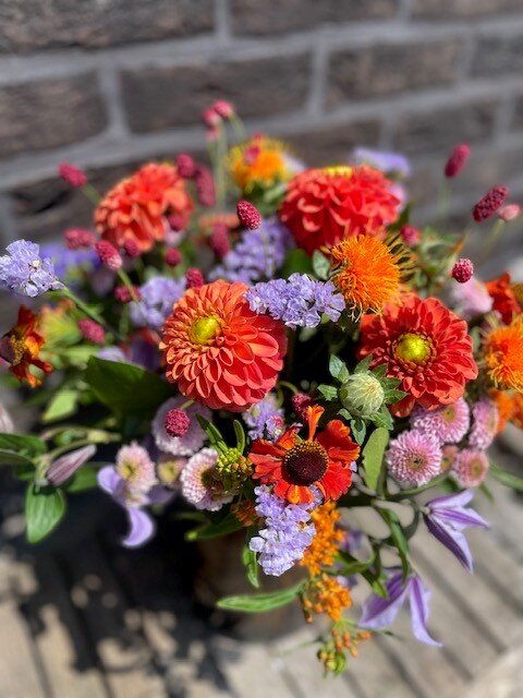 Speels gemengd SEIZOENSboeket met Dahlia's bontemengeling